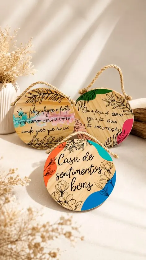 Miniaturas redondas de madeira com frases