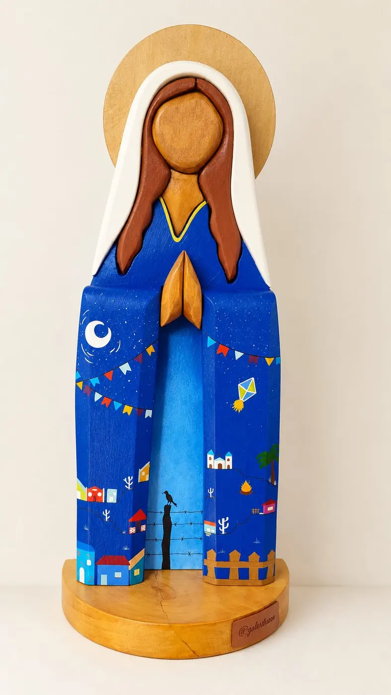 Entremeio — Nossa Senhora em madeira com paisagem pintada